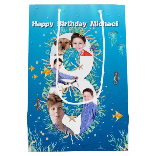Big 8th Birthday Photo Collage under the Zee Medium Cadeauzakje (Achterkant)