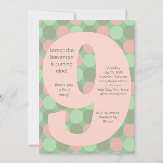 Big 9 Birthday Party Invitations, Pink and Green Kaart (Voorkant)