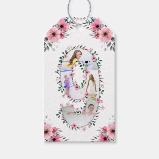 Big 9th Birthday Girl Foto Collage Pink Flower Cadeaulabel (Voorkant)