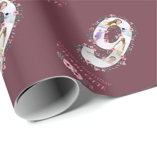 Big 9th Birthday Girl Foto Collage Pink Flower Cadeaupapier (Rol Hoek)