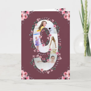 Big 9th Birthday Girl Foto Collage Pink Flower Kaart