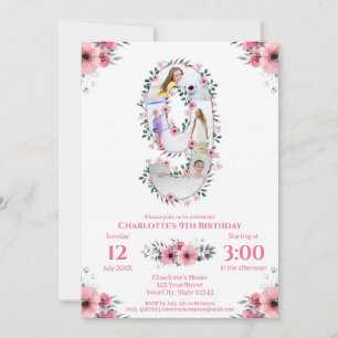 Big 9th Birthday Girl Foto Collage Pink Flower Kaart