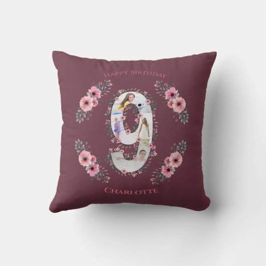 Big 9th Birthday Girl Foto Collage Pink Flower Kussen (Achterkant)