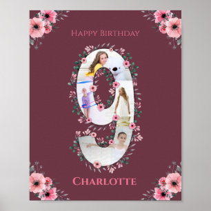 Big 9th Birthday Girl Foto Collage Pink Flower Poster