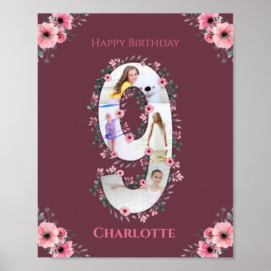 Big 9th Birthday Girl Foto Collage Pink Flower Poster (Voorkant)