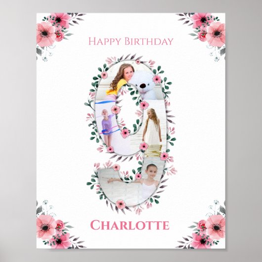 Big 9th Birthday Girl Foto Collage Pink Flower Poster (Voorkant)