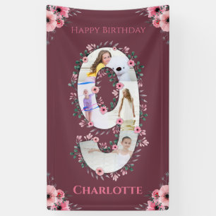 Big 9th Birthday Girl Foto Collage Pink Flower Spandoek