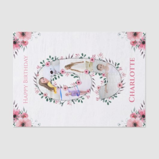 Big 9th Birthday Girl Foto Collage Pink Flower Tissuepapier (Voorkant)