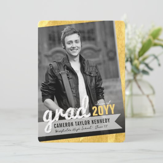 Big Afstudeerder Sketch Gold Foil Foto Graduparty Kaart (Staand voorkant)