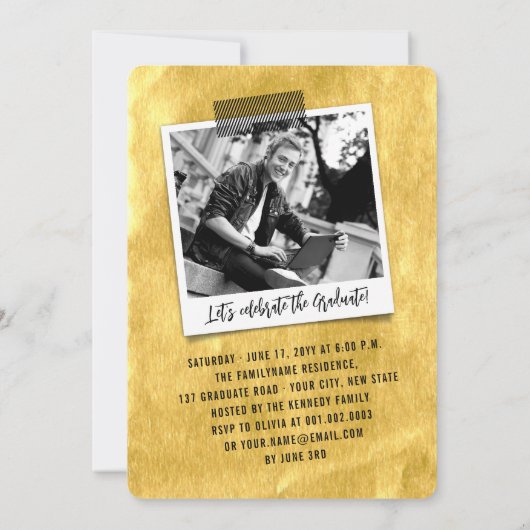 Big Afstudeerder Sketch Gold Foil Foto Graduparty Kaart (Achterkant)
