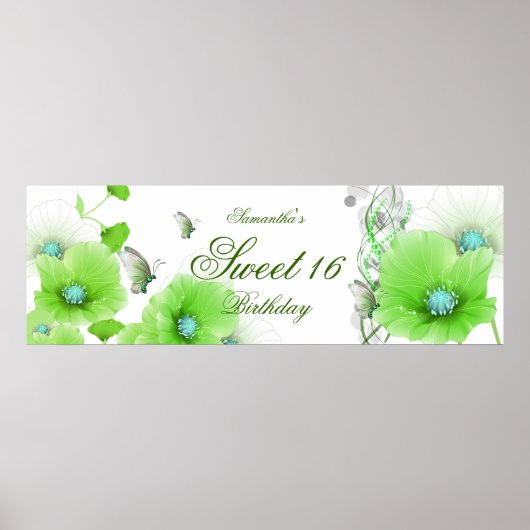 big Banner Birthday Green Floral White Poster (Voorkant)