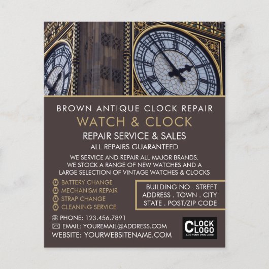 Big Ben Clock Tower, Horoloog Adverteren Flyer (Voorkant)