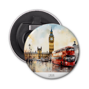 Big Ben en rode bus in Londen Button Flesopener