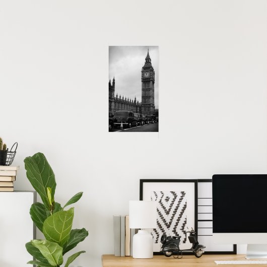 Big Ben en taxichauffeur in zwart-wit poster (Thuiskantoor)