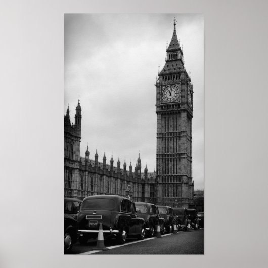 Big Ben en taxichauffeur in zwart-wit poster (Voorkant)
