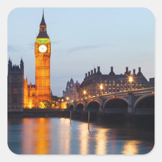 Big Ben en Westminster Bridge in de avond Vierkante Sticker (Voorkant)