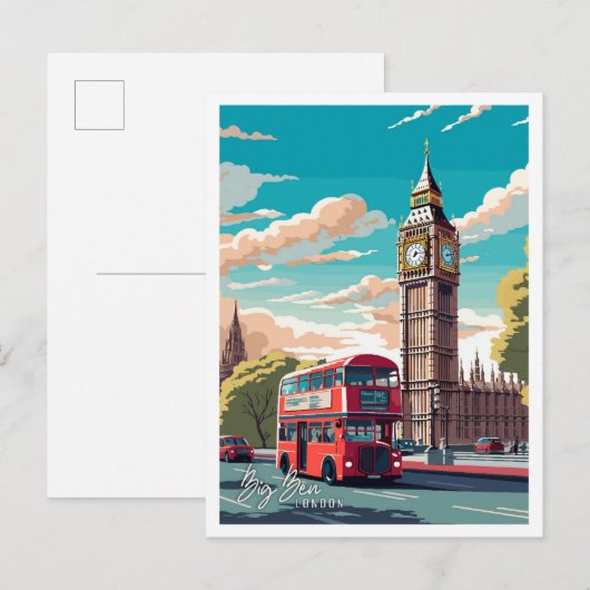 Big Ben London Art vintage reisillustratie Briefkaart (Voorkant / Achterkant)
