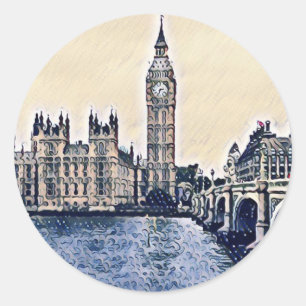 Big Ben London Waterverf art Ronde Sticker