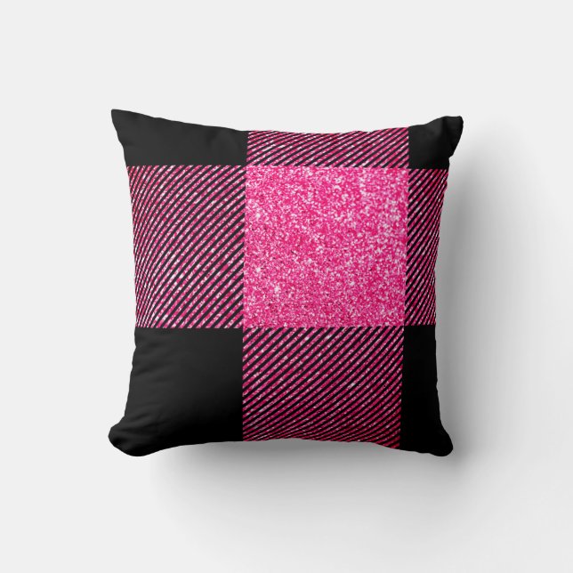 Big Black en Faux Hot Pink Glitter Buffalo Pset Kussen (Voorkant)