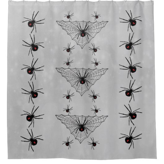 Big Black Widow Spiders Red Marks Webs Grey Douchegordijn (Voorkant)