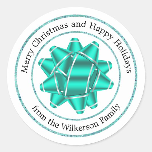 Big Blauwgroen Gift Bow Glitter Classic Round Stic Ronde Sticker (Voorkant)