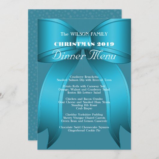 Big Blue Bow Familie Kerstdiner Menu (Voorkant / Achterkant)