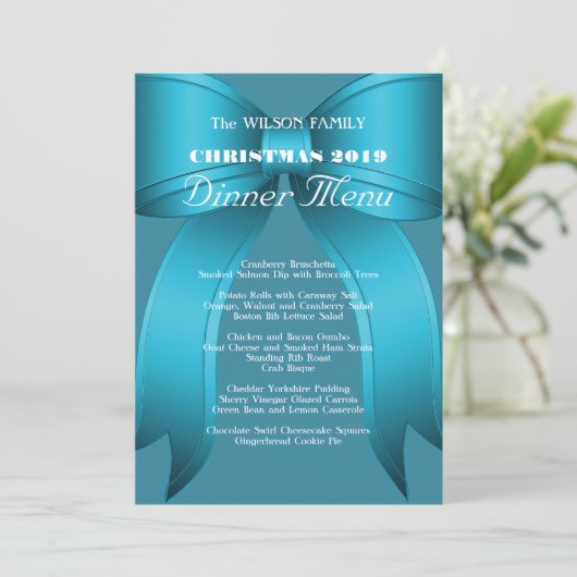 Big Blue Bow Familie Kerstdiner Menu (Staand voorkant)