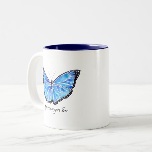 Big Blue Butterfly Waterverf - Aangepaste tekst Tweekleurige Koffiemok (Voorkant links)