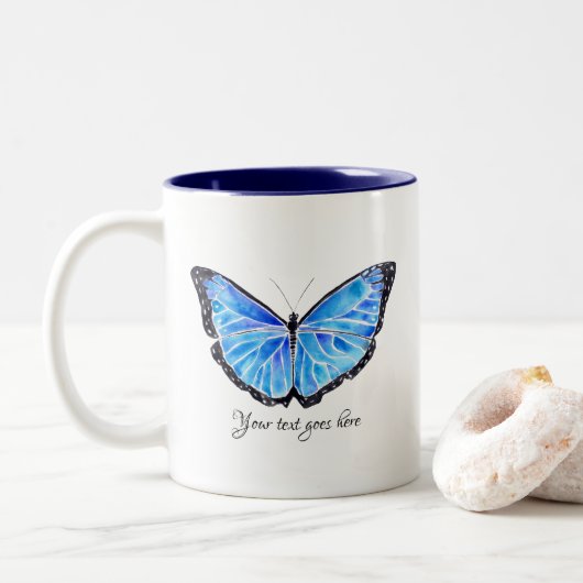 Big Blue Butterfly Waterverf - Aangepaste tekst Tweekleurige Koffiemok (Met donut)