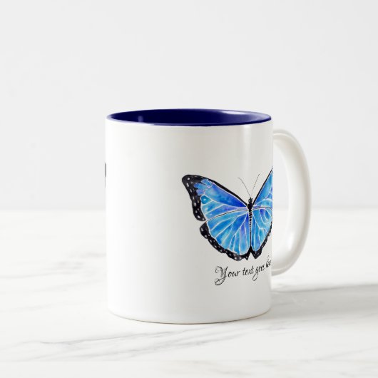Big Blue Butterfly Waterverf - Aangepaste tekst Tweekleurige Koffiemok (Voorkant rechts)