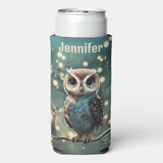 Big Blue Eye Owl Personaliseer naam Seltzer Blikjeskoeler (Seltzer Achterkant)
