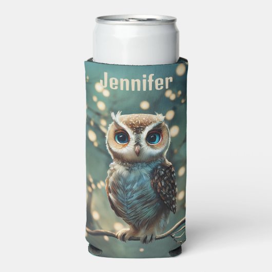 Big Blue Eye Owl Personaliseer naam Seltzer Blikjeskoeler (Seltzer Voorkant)