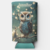 Big Blue Eye Owl Personaliseer naam Seltzer Blikjeskoeler (Voorkant)