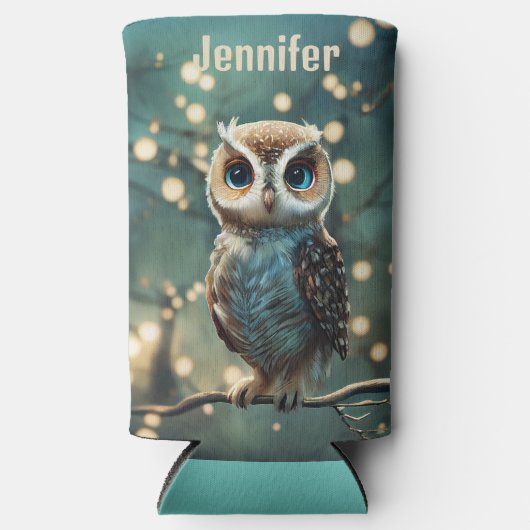 Big Blue Eye Owl Personaliseer naam Seltzer Blikjeskoeler (Voorkant)