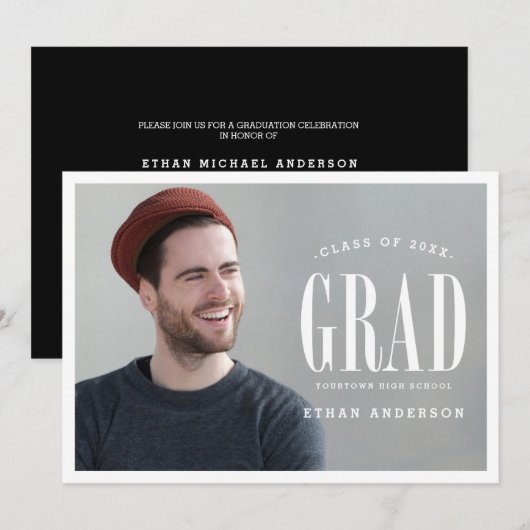 Big Bold Afstudeerder | White Text Photo Gradupart Kaart (Voorkant / Achterkant)
