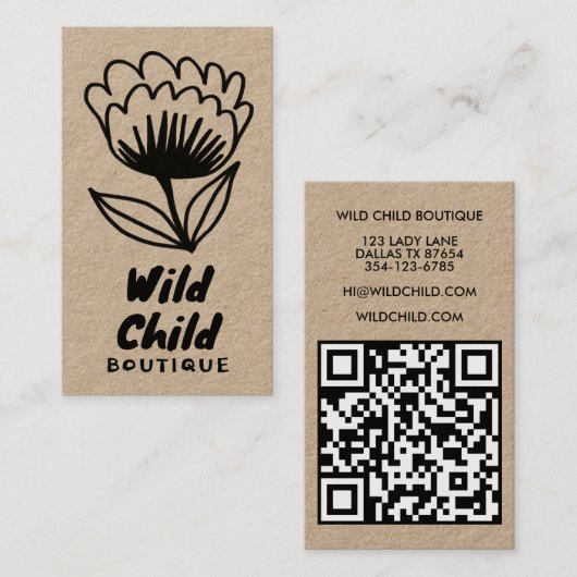 BIG BOLD BLOOM Rustic Minimal Floral QR code Visitekaartje (Voorkant / Achterkant)
