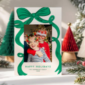 Big Bold Bright Green Bow Christmas Photo Feestdagenkaart