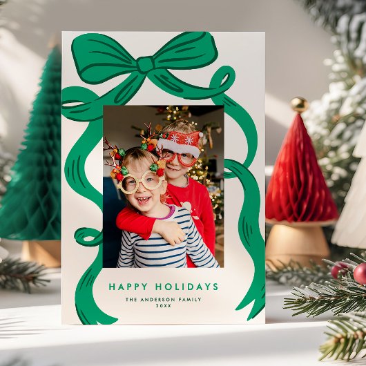 Big Bold Bright Green Bow Christmas Photo Feestdagenkaart