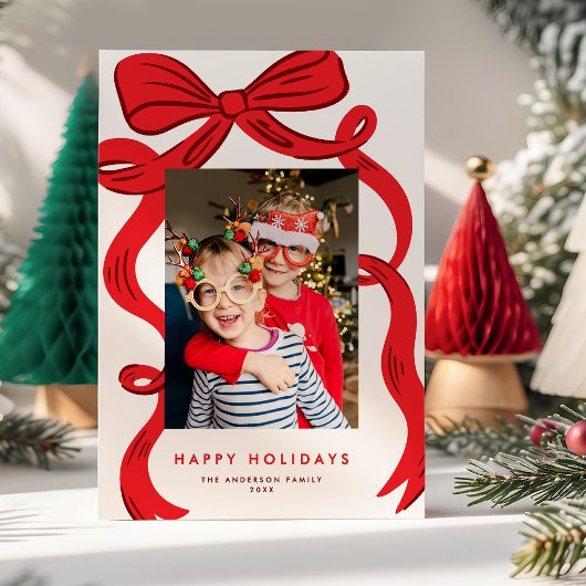 Big Bold Bright Red Bow Christmas Photo Feestdagenkaart