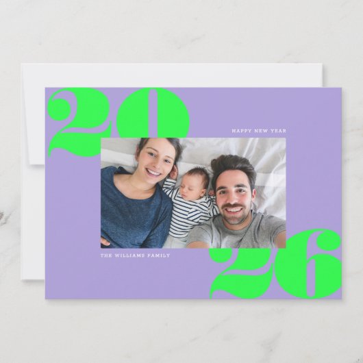 Big Bold Jaar Nieuwjaar Foto Lila Acid Green Feestdagenkaart (Voorkant)