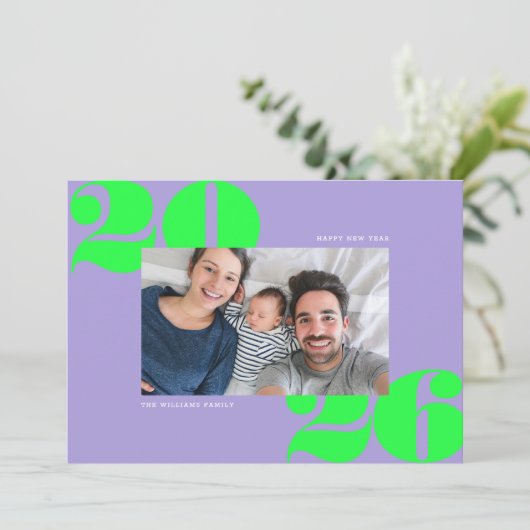 Big Bold Jaar Nieuwjaar Foto Lila Acid Green Feestdagenkaart (Staand voorkant)