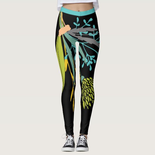 Big Bold Lime Green Blue Botanische Leggings (Voorkant)