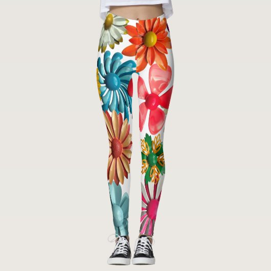 Big Bold Retro MOD kleurrijke Hippie Daisy Flowers Leggings (Voorkant)