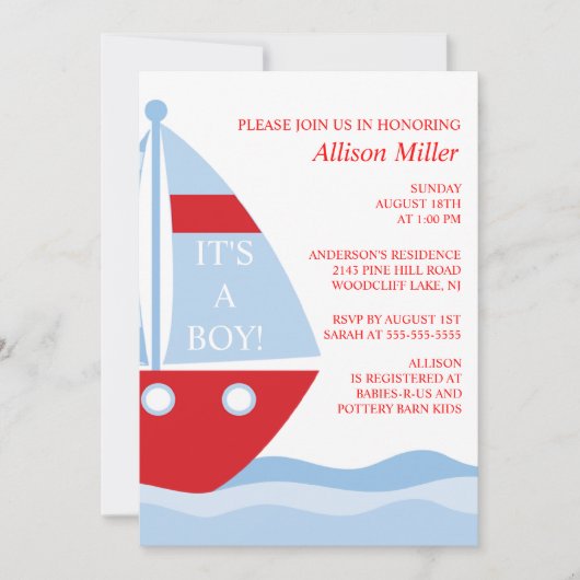 BIg & Bold SAILBOAT Boy Baby shower INVITATION Kaart (Voorkant)