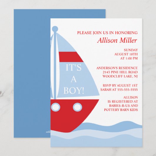BIg & Bold SAILBOAT Boy Baby shower INVITATION Kaart (Voorkant / Achterkant)
