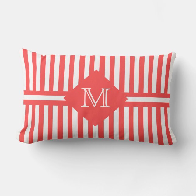 Big Bold Salmon en White Stripes met Monogram Buitenkussen (Voorkant)