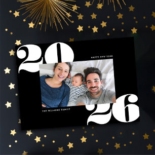 Big Bold Year New Years Holiday Fotokaart zwart Feestdagenkaart