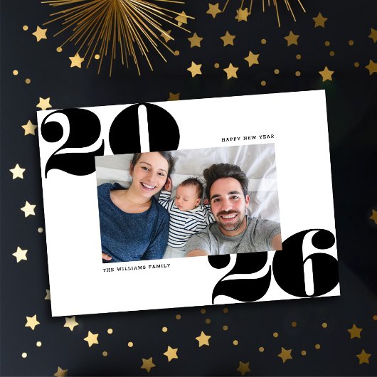 Big Bold Year New Years Holiday Fotokaart zwart Feestdagenkaart