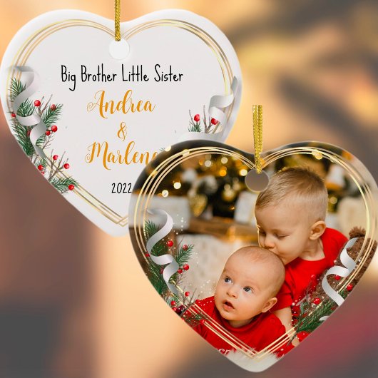 Big Bro Little Sis Photo Holly Pine Gold Lijst Ornament