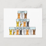 Big Brother Happy Birthday Cartoon Cats Briefkaart<br><div class="desc">Cartoon katten van verschillende kleuren,  die pastelblauw gekleurde spandoeken omhoog houden die zeggen "Happy Birthday to my Big Brother".</div>